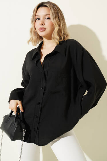 Yaka Cepli Oversize Gömlek Siyah - Gömlek