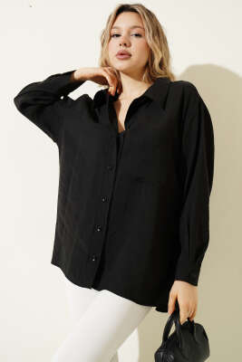 Yaka Cepli Oversize Gömlek Siyah - Gömlek