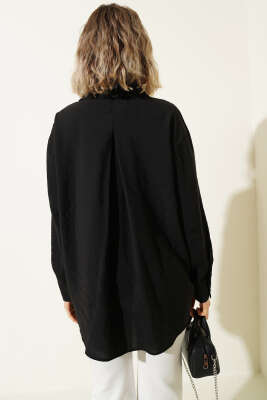 Yaka Cepli Oversize Gömlek Siyah - Gömlek