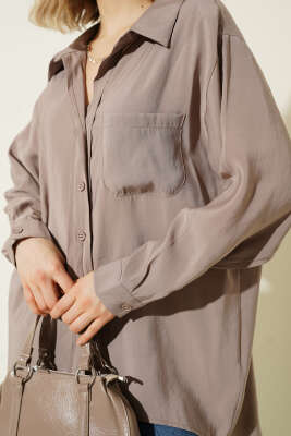 Yaka Cepli Oversize Gömlek Vizon - Gömlek