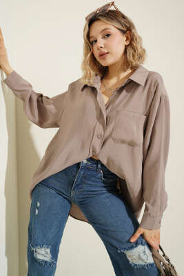 Yaka Cepli Oversize Gömlek Vizon 