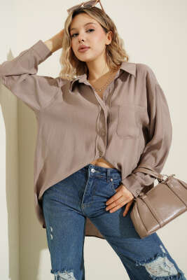 Yaka Cepli Oversize Gömlek Vizon - Gömlek