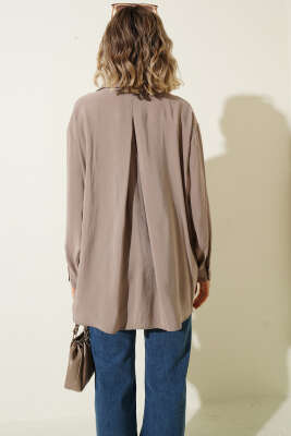 Yaka Cepli Oversize Gömlek Vizon - Gömlek