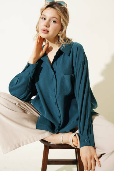 Yaka Cepli Oversize Gömlek Zümrüt - Gömlek