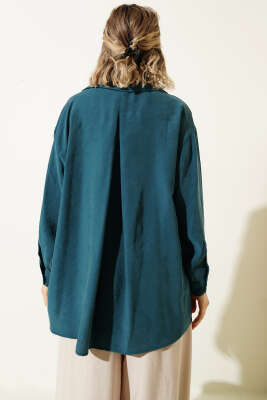 Yaka Cepli Oversize Gömlek Zümrüt - Gömlek