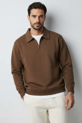 Yaka Change Yazılı Erkek Sweatshirt Kahve 