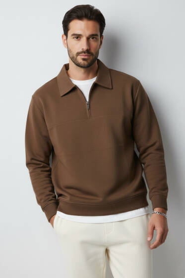 Yaka Change Yazılı Erkek Sweatshirt Kahve - Yılın Fırsatı