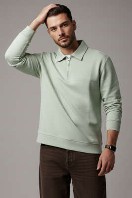 Yaka Change Yazılı Erkek Sweatshirt Su Yeşili 
