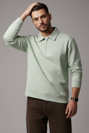 Yaka Change Yazılı Erkek Sweatshirt Su Yeşili - Yılın Fırsatı