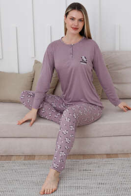 Yaka Çiçek Nakışlı Pijama Takımı Leylak - Kadın Pijama Takımı