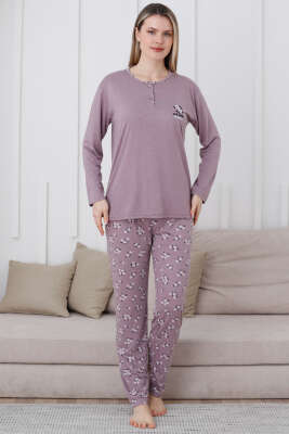 Yaka Çiçek Nakışlı Pijama Takımı Leylak 