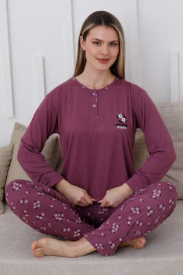 Yaka Çiçek Nakışlı Pijama Takımı Magenta 