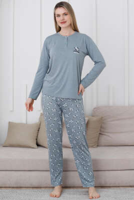 Yaka Çiçek Nakışlı Pijama Takımı Mint - Kadın Pijama Takımı