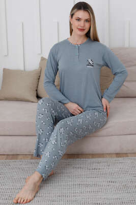 Yaka Çiçek Nakışlı Pijama Takımı Mint 