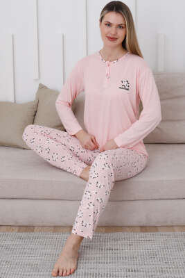 Yaka Çiçek Nakışlı Pijama Takımı Yavru Ağzı - Pijama