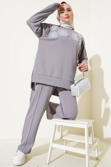 Yaka Çiçekli İncili İkili Takım Gri - İkili Takım