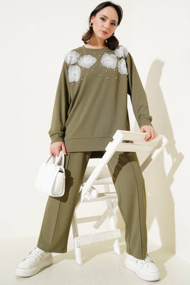 Yaka Çiçekli İncili İkili Takım Haki - İkili Takım