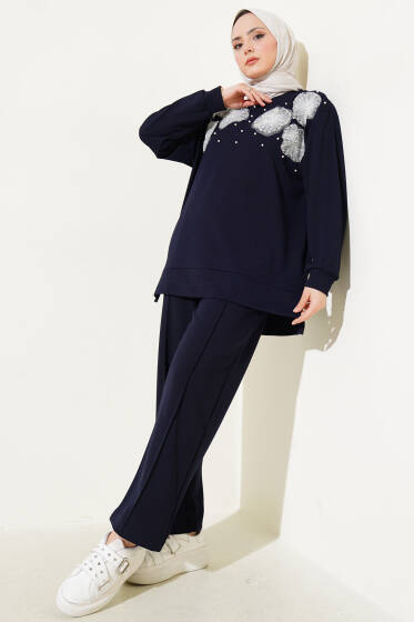 Yaka Çiçekli İncili İkili Takım Lacivert - İkili Takım