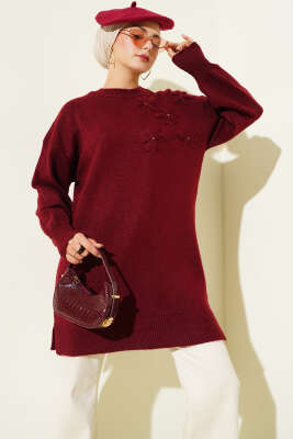 Yaka Çiçekli Yumoş Triko Tunik Bordo - NESSİA