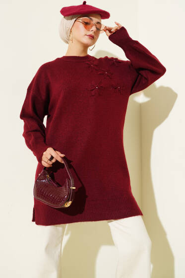 Yaka Çiçekli Yumoş Triko Tunik Bordo - Tunik