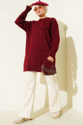 Yaka Çiçekli Yumoş Triko Tunik Bordo - Tunik