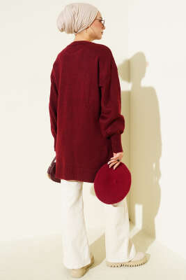 Yaka Çiçekli Yumoş Triko Tunik Bordo - Tunik