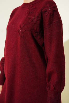 Yaka Çiçekli Yumoş Triko Tunik Bordo - Tunik