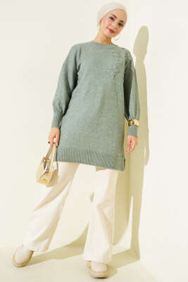 Yaka Çiçekli Yumoş Triko Tunik Mint - Tunik