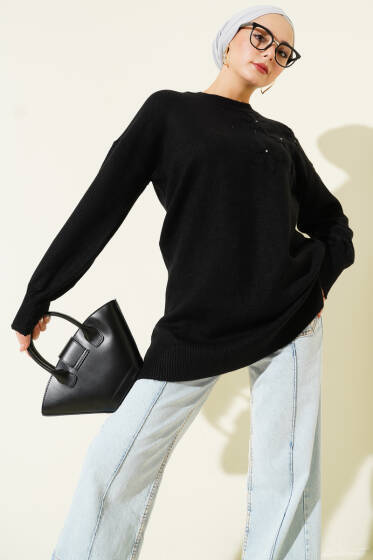 Yaka Çiçekli Yumoş Triko Tunik Siyah - Tunik