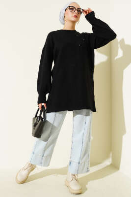 Yaka Çiçekli Yumoş Triko Tunik Siyah - Tunik