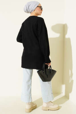 Yaka Çiçekli Yumoş Triko Tunik Siyah - Tunik