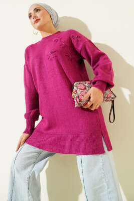 Yaka Çiçekli Yumoş Triko Tunik Vişne - NESSİA
