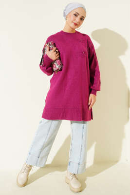 Yaka Çiçekli Yumoş Triko Tunik Vişne - Tunik