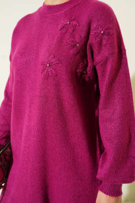 Yaka Çiçekli Yumoş Triko Tunik Vişne - Tunik