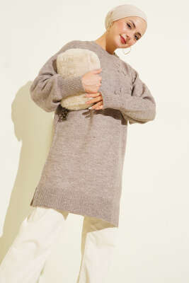 Yaka Çiçekli Yumoş Triko Tunik Vizon - Tunik