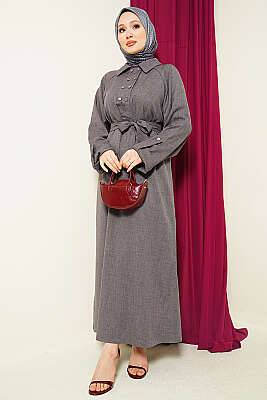 Yaka Çift Düğmeli Elbise Füme - HATUN