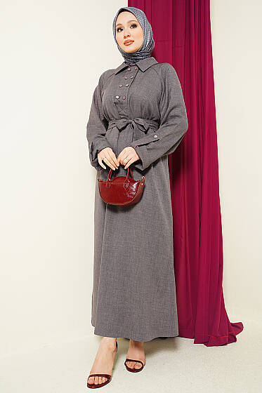 Yaka Çift Düğmeli Elbise Füme - Elbise