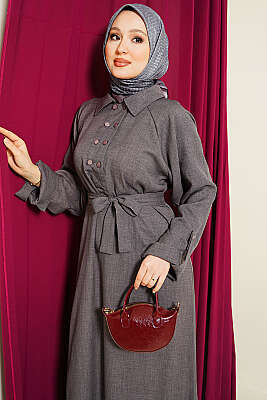 Yaka Çift Düğmeli Elbise Füme - Elbise