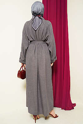 Yaka Çift Düğmeli Elbise Füme - Elbise