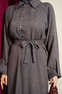 Yaka Çift Düğmeli Elbise Füme - Elbise