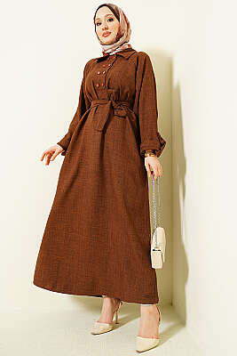 Yaka Çift Düğmeli Elbise Kahve - HATUN