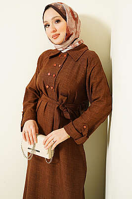 Yaka Çift Düğmeli Elbise Kahve - Elbise