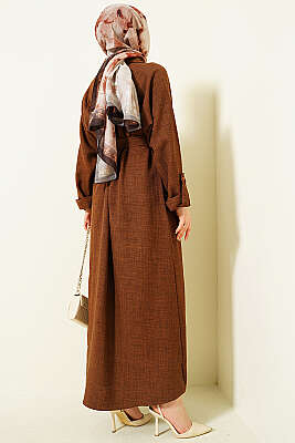 Yaka Çift Düğmeli Elbise Kahve - Elbise