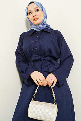 Yaka Çift Düğmeli Elbise Lacivert - HATUN