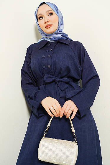 Yaka Çift Düğmeli Elbise Lacivert - Elbise