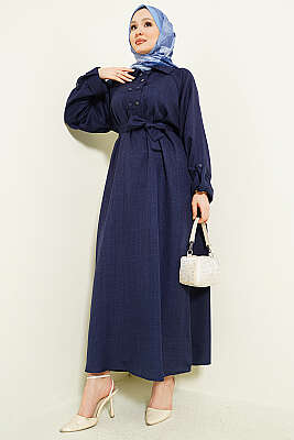 Yaka Çift Düğmeli Elbise Lacivert - Elbise