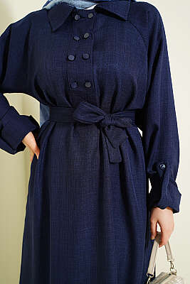 Yaka Çift Düğmeli Elbise Lacivert - Elbise