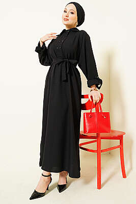 Yaka Çift Düğmeli Elbise Siyah - HATUN