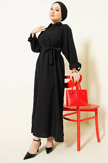 Yaka Çift Düğmeli Elbise Siyah - Elbise