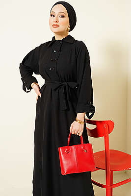 Yaka Çift Düğmeli Elbise Siyah - Elbise